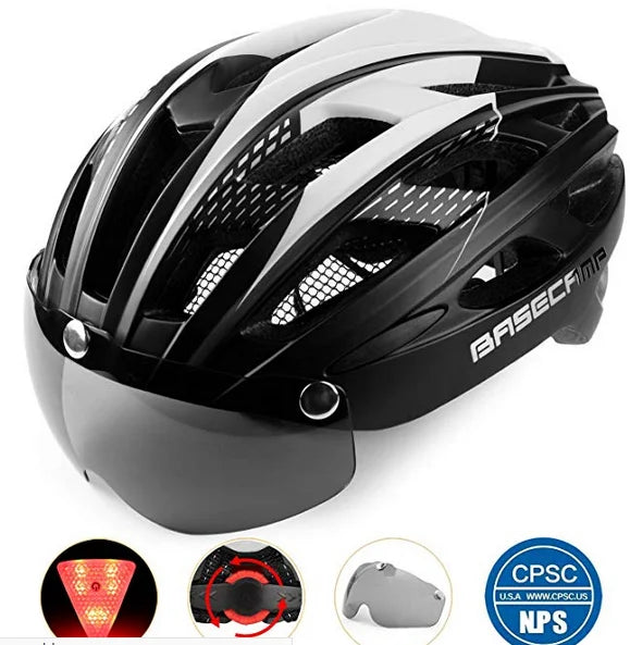 Male and female bicycle helmets with magnetic detachable safety glasses & adjustable LED light