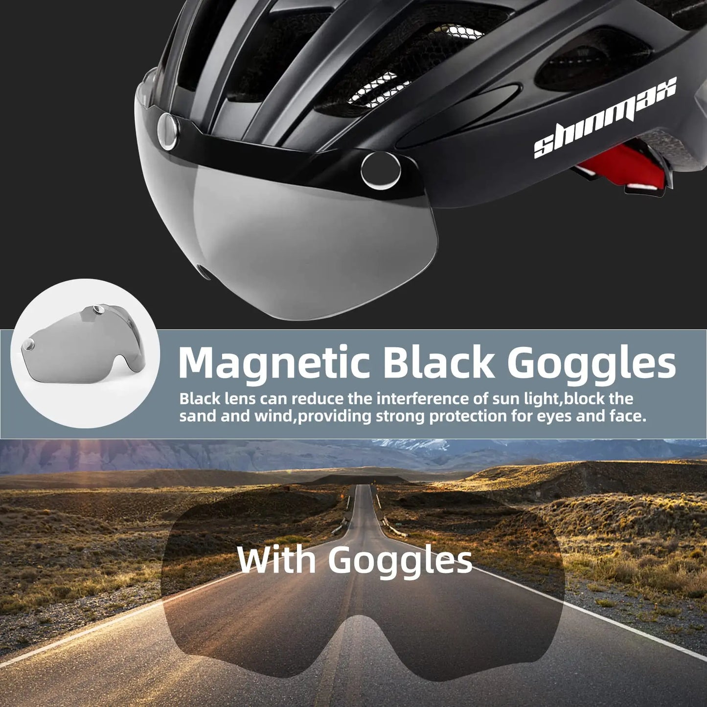 Male and female bicycle helmets with magnetic detachable safety glasses & adjustable LED light