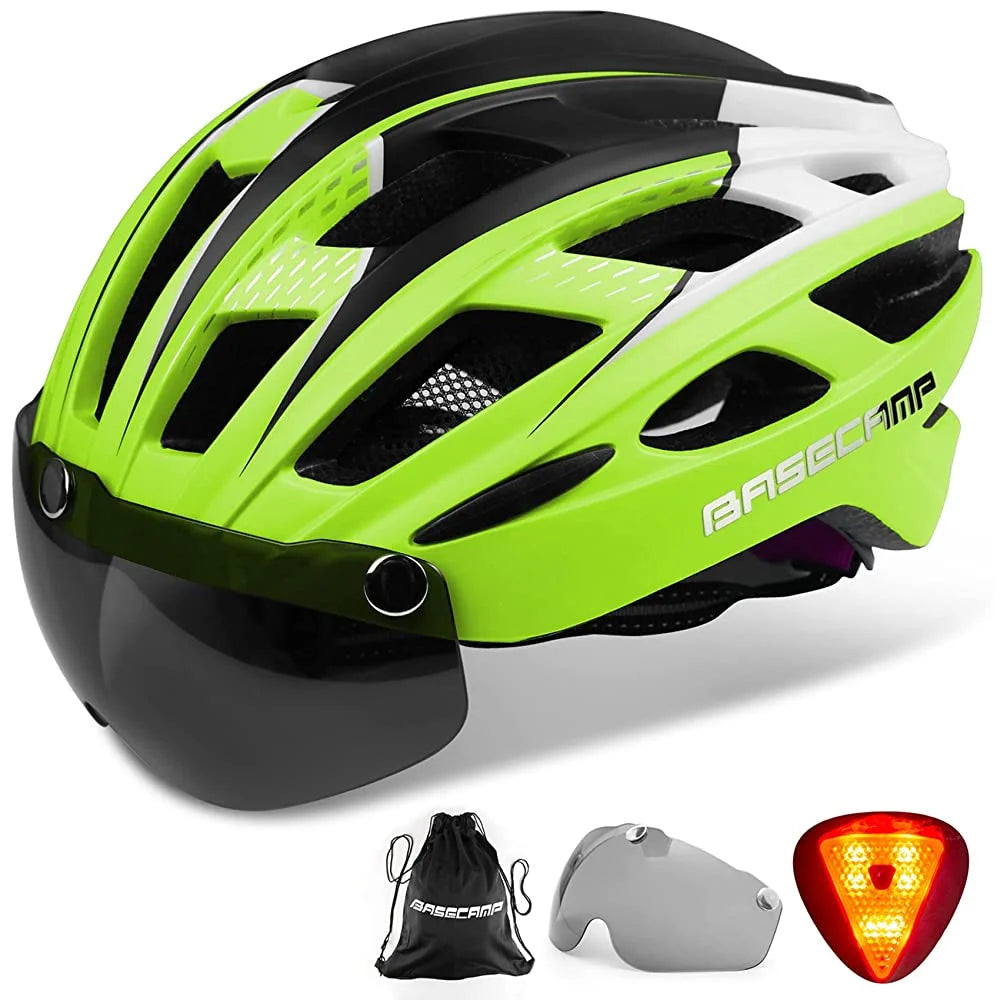 Male and female bicycle helmets with magnetic detachable safety glasses & adjustable LED light