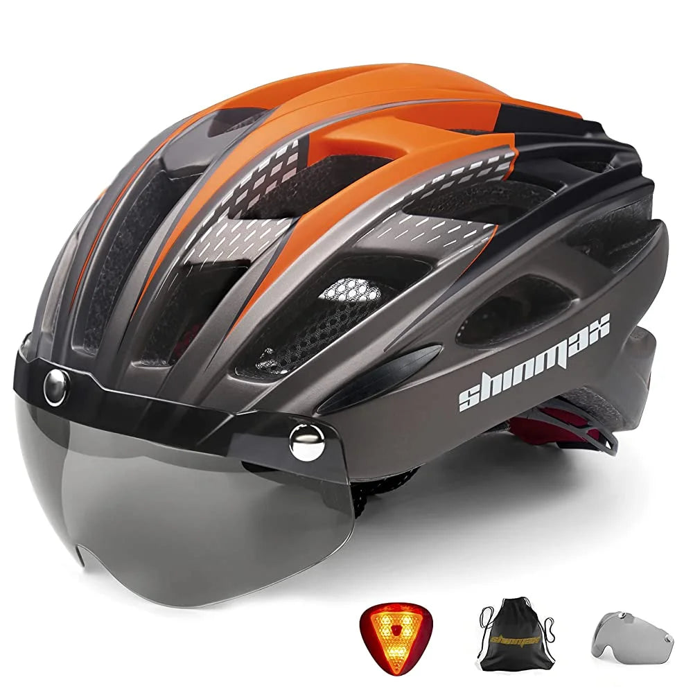 Male and female bicycle helmets with magnetic detachable safety glasses & adjustable LED light