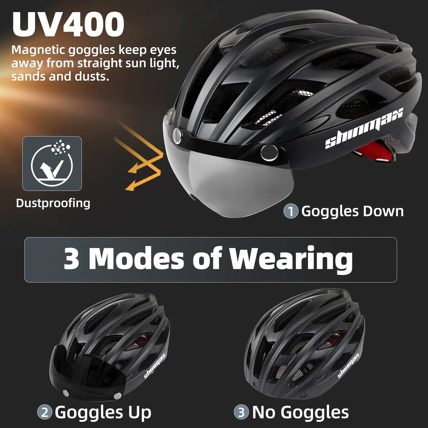Male and female bicycle helmets with magnetic detachable safety glasses & adjustable LED light