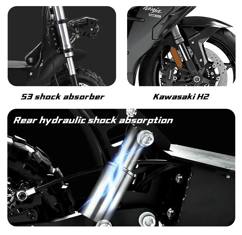 6000W 60V 50AH 11-inch Off-road Folding Electric Scooter with dual motors, removable seat & hydraulic shock absorption
