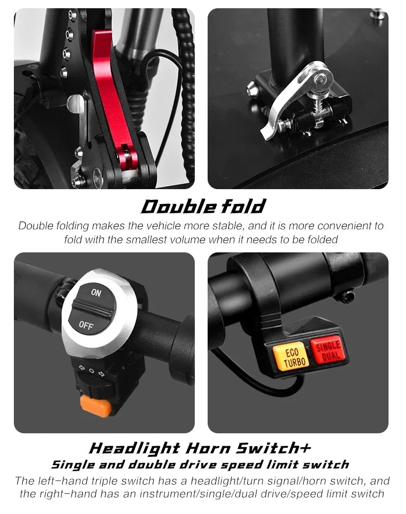 6000W 60V 50AH 11-inch Off-road Folding Electric Scooter with dual motors, removable seat & hydraulic shock absorption
