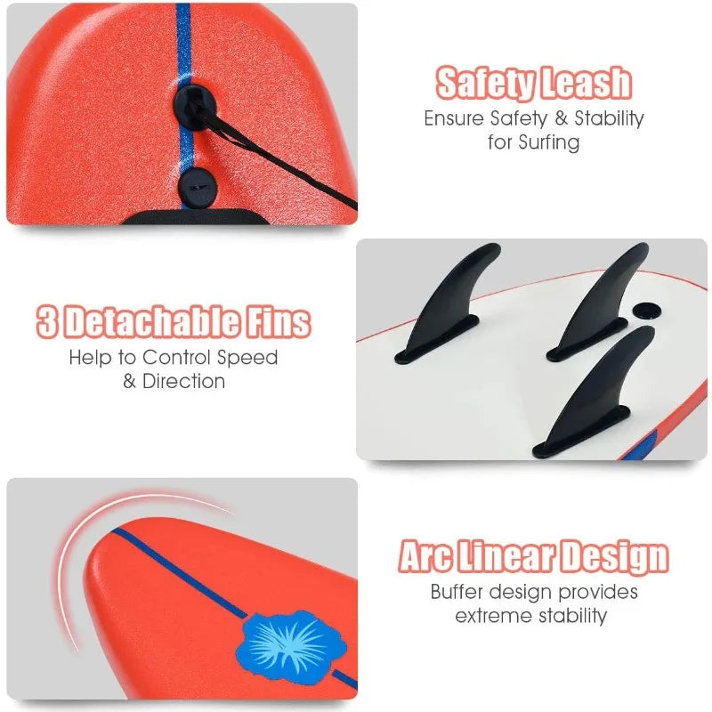 GYMAX 6FT Surfboard with Removable Fins & Safety Leash