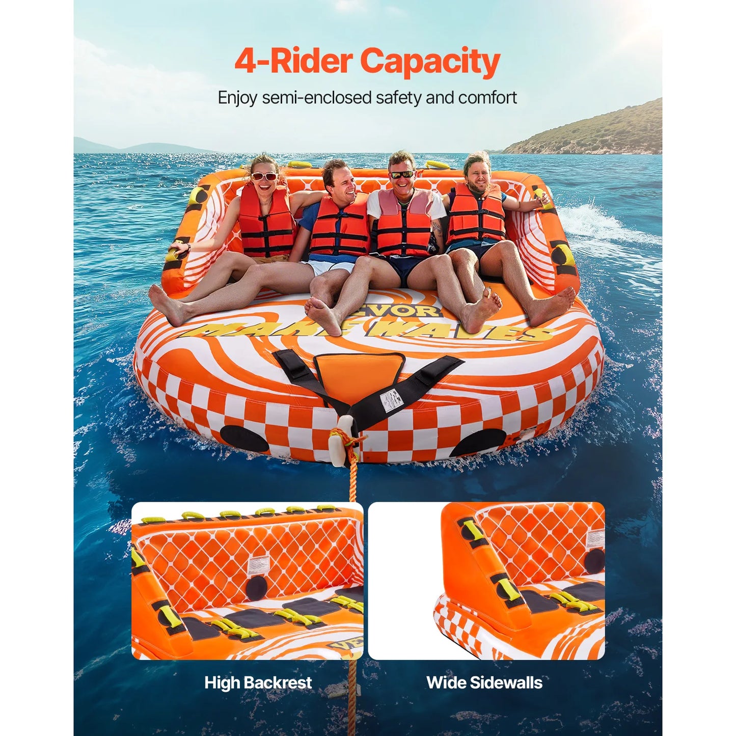 3 or 4 Rider Capacity Inflatable Towable Tube, Holds Up To 680lbs
