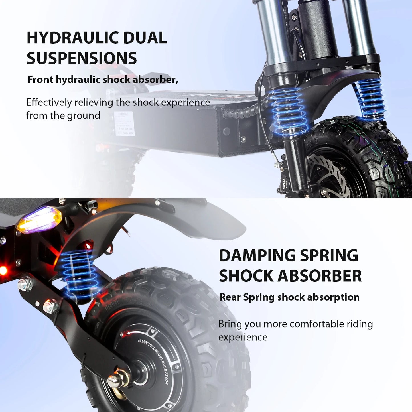 6000W 60V 50AH 11-inch Off-road Folding Electric Scooter with dual motors, removable seat & hydraulic shock absorption