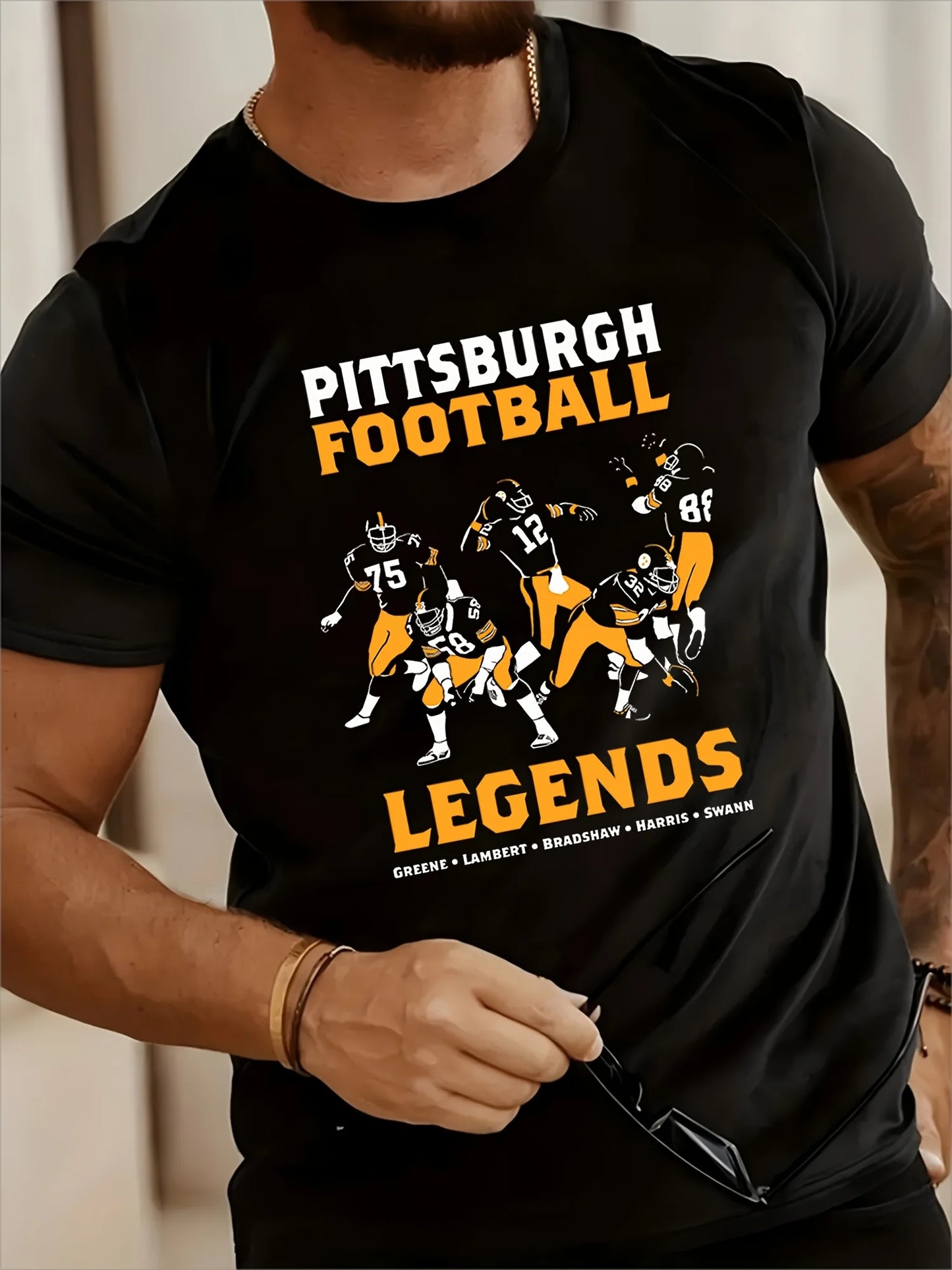 Vintage Cotton Retro Graphic Pittsburgh Football Legends Men's T-Shirt - Casual, Short Sleeve