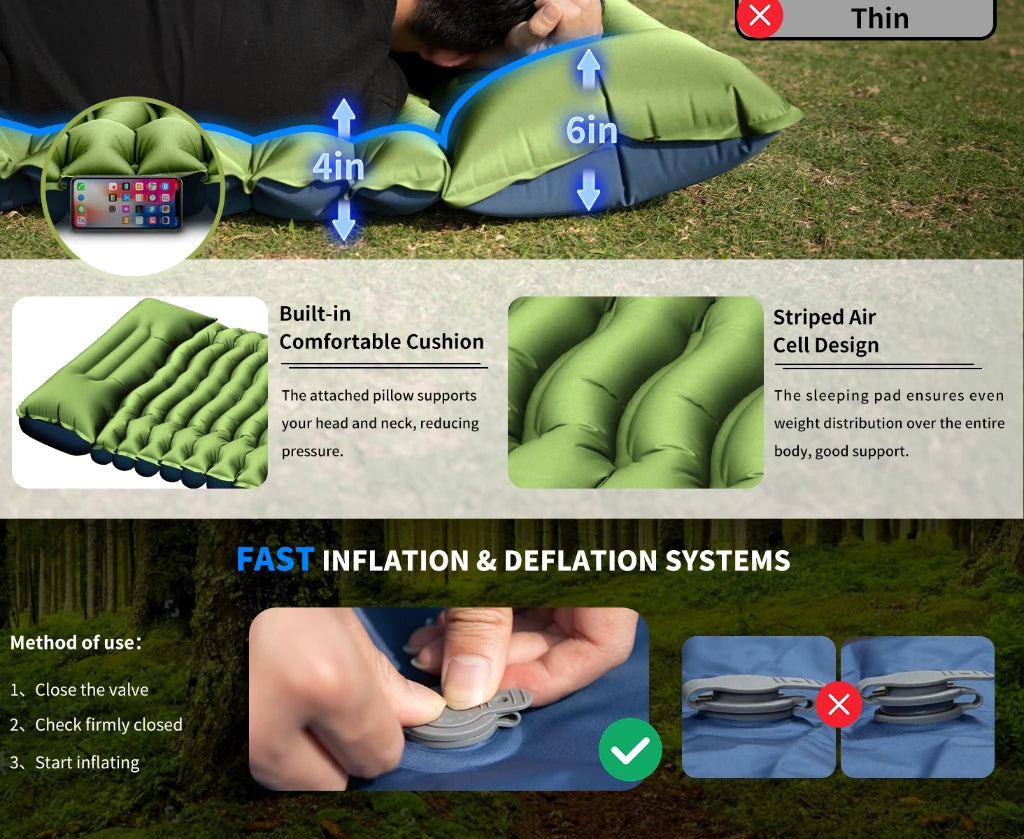Super Thick 4-inch Inflatable Camping Sleeping Mat with Built-in Pillow and Pump