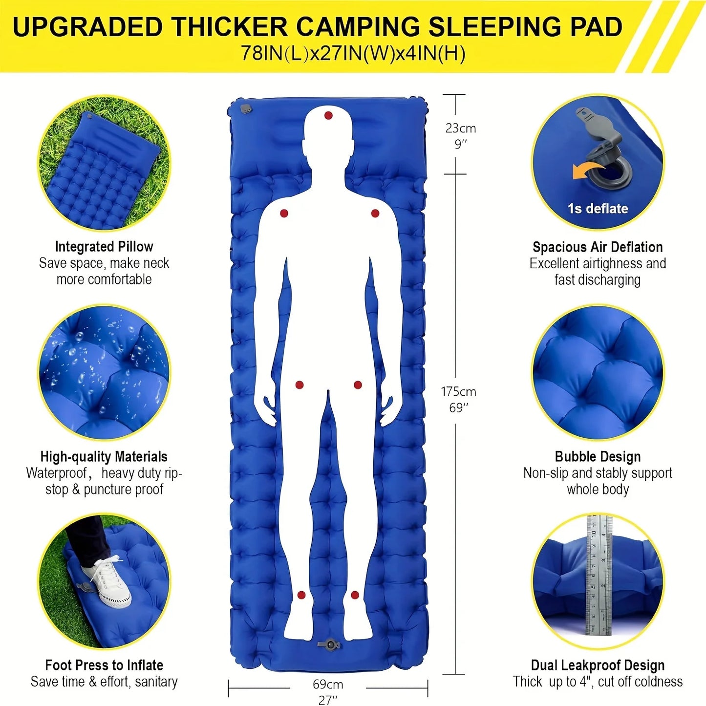 Super Thick 4-inch Inflatable Camping Sleeping Mat with Built-in Pillow and Pump