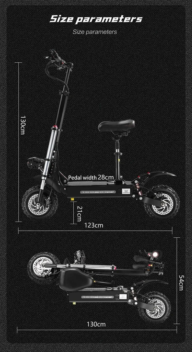 6000W 60V 50AH 11-inch Off-road Folding Electric Scooter with dual motors, removable seat & hydraulic shock absorption