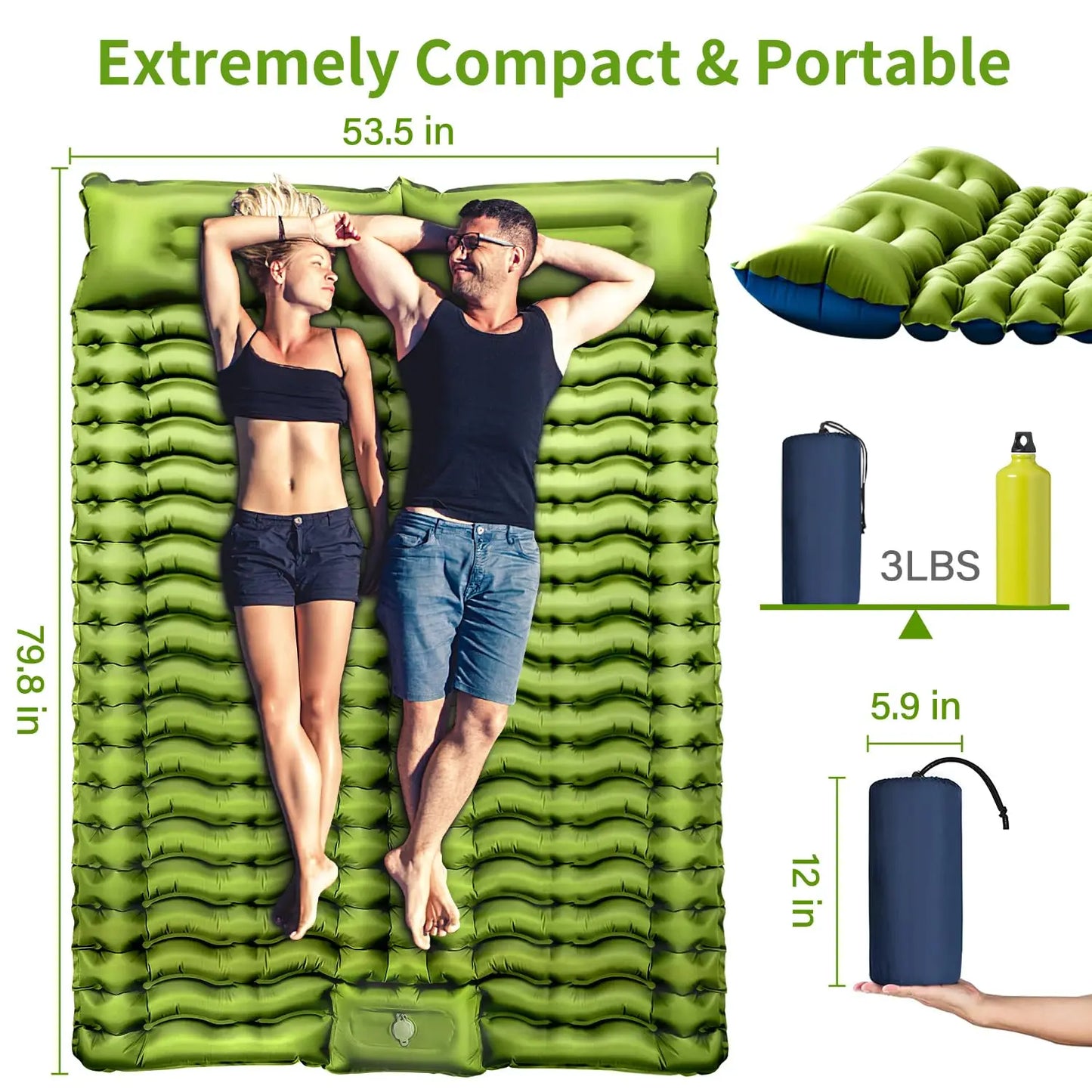 WESTTUNE Double 4" Thick Inflatable Camping Mattress Pad with Pillow & Built-in Foot Pump