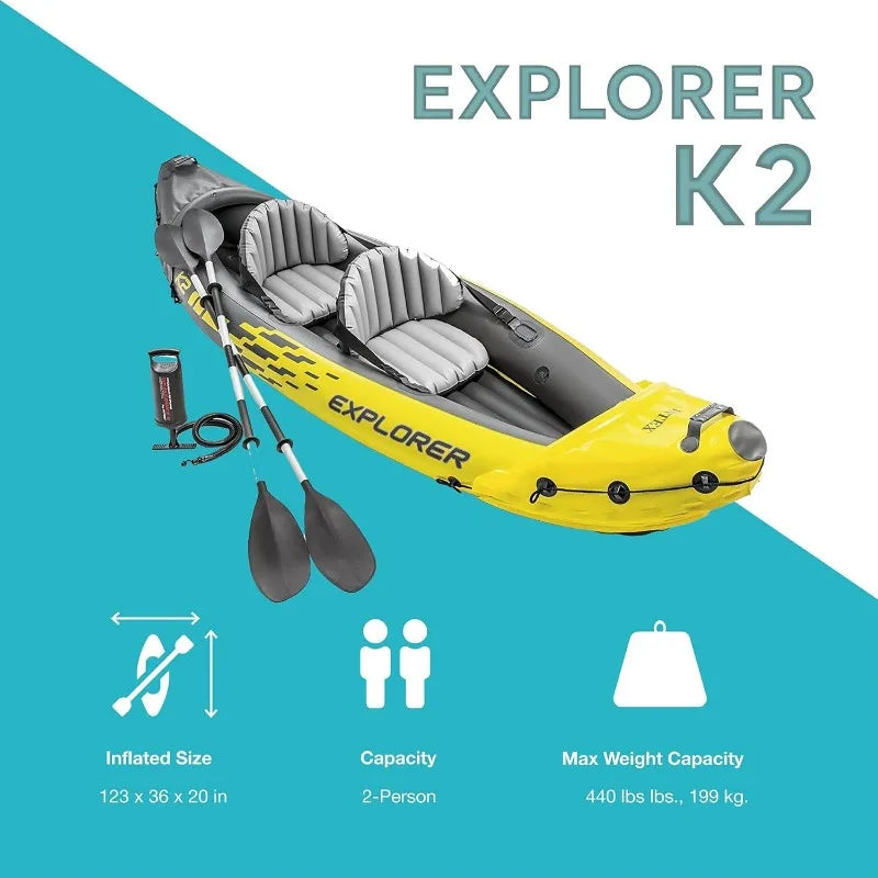 2 Person Intex Explorer K2 Inflatable Kayak Set: Includes Deluxe 86in Aluminum Oars and High-Output Pump