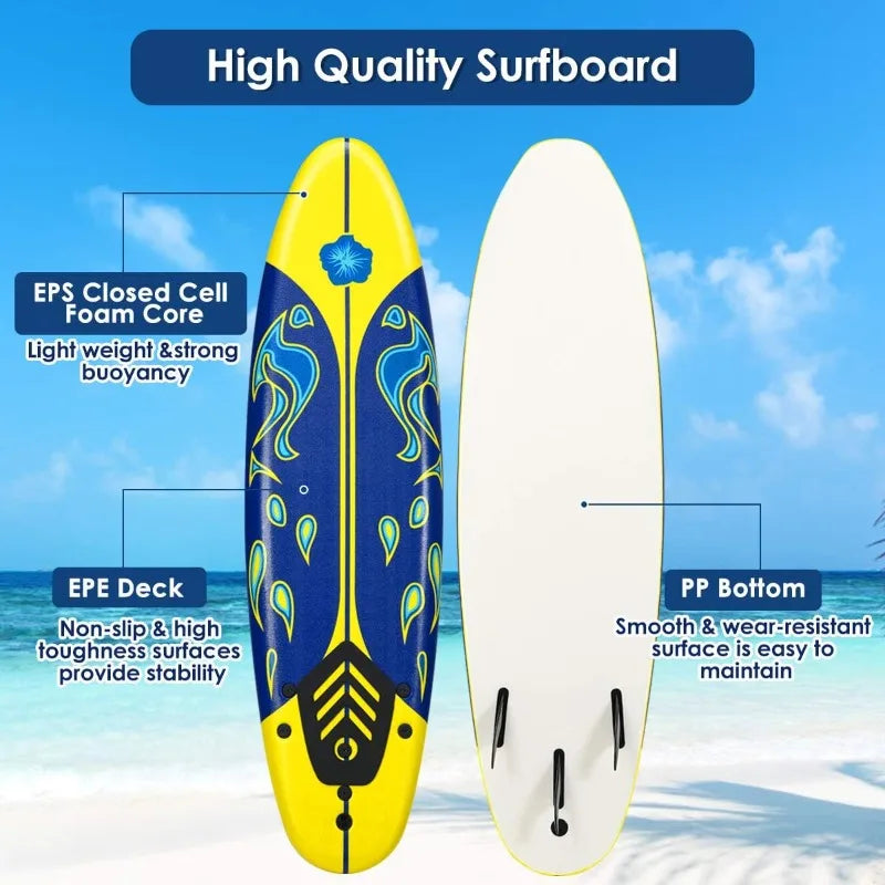 Giantex 6 Ft Foam Surfboard for Kids/Adults with 3 Detachable Fins, Safety Leash
