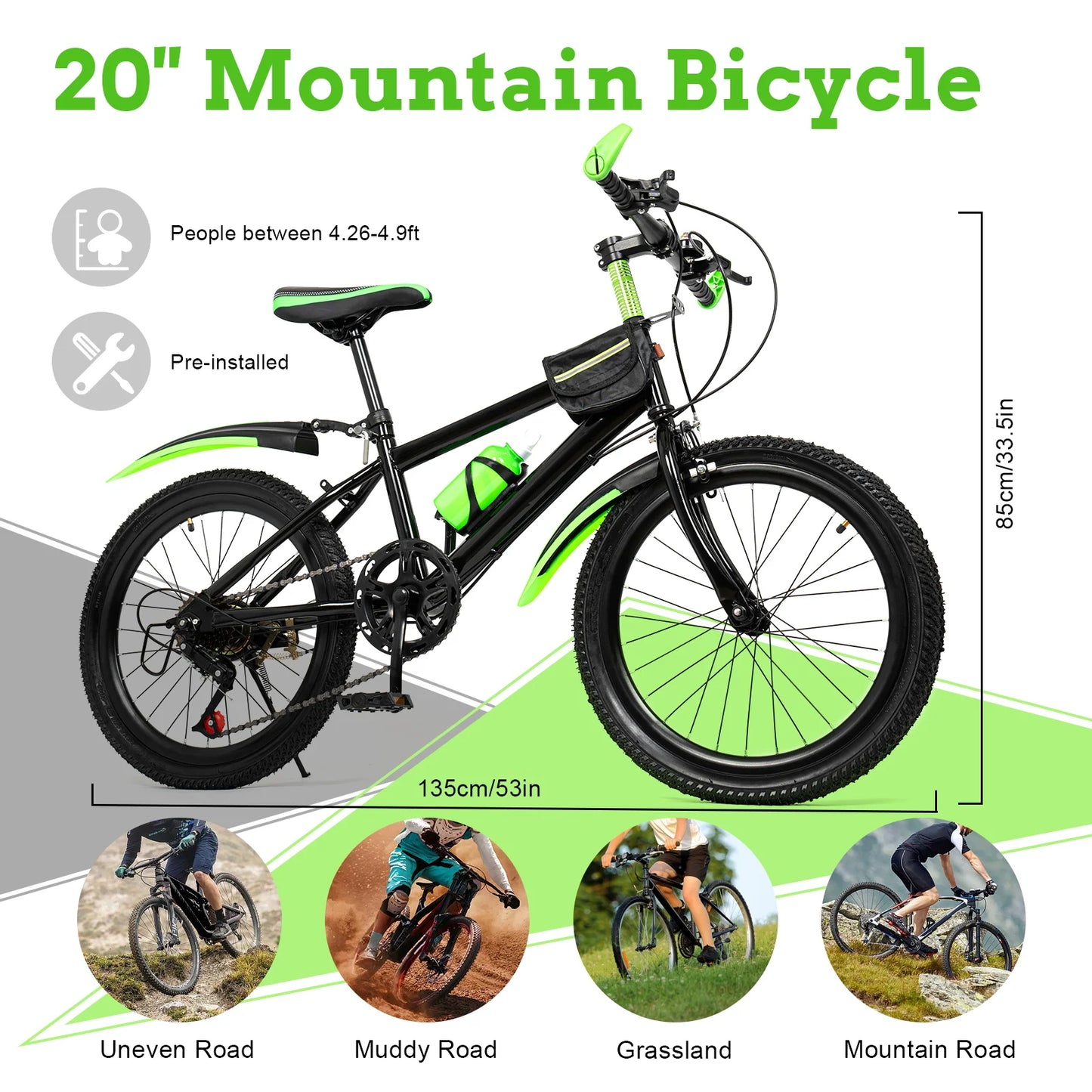 20 In Mountain Kids' Bike, 7 Speed Gears with Adjustable Seat for Boys & Girls 8-13 years