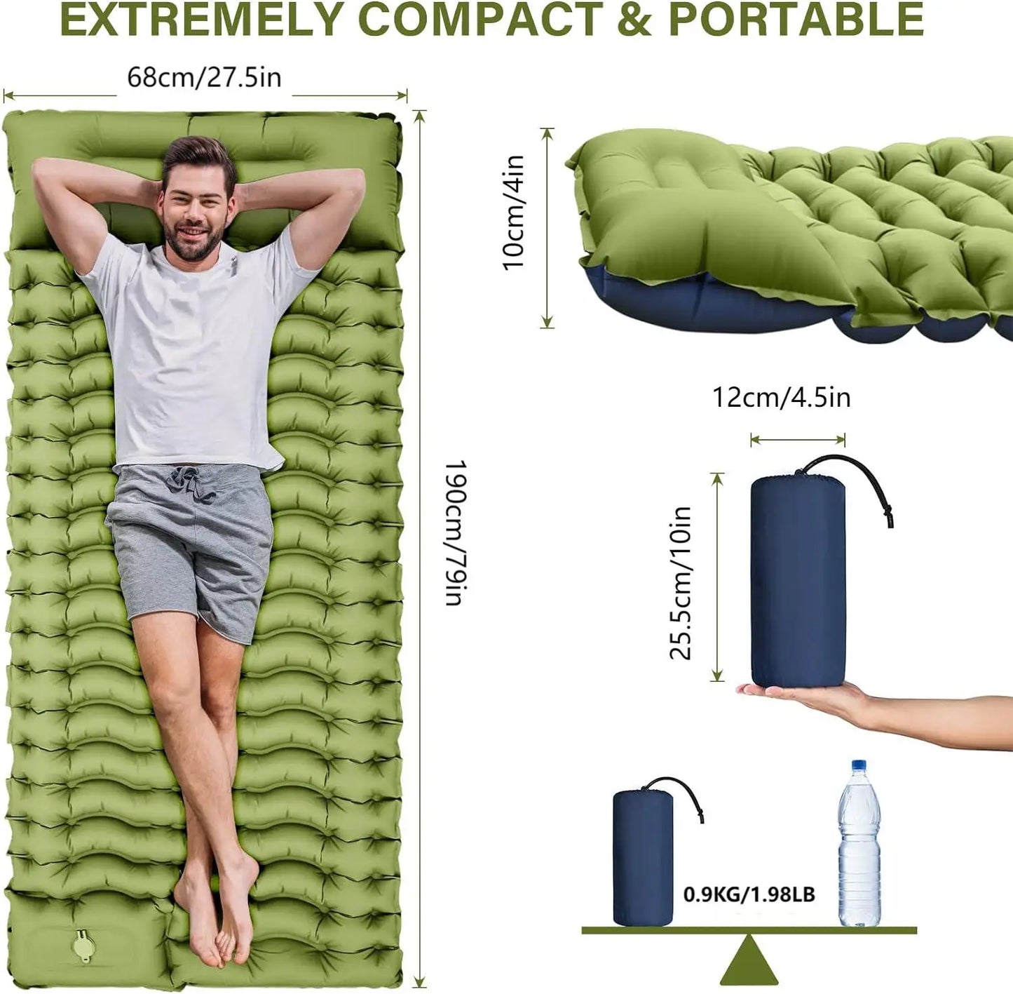Super Thick 4-inch Inflatable Camping Sleeping Mat with Built-in Pillow and Pump
