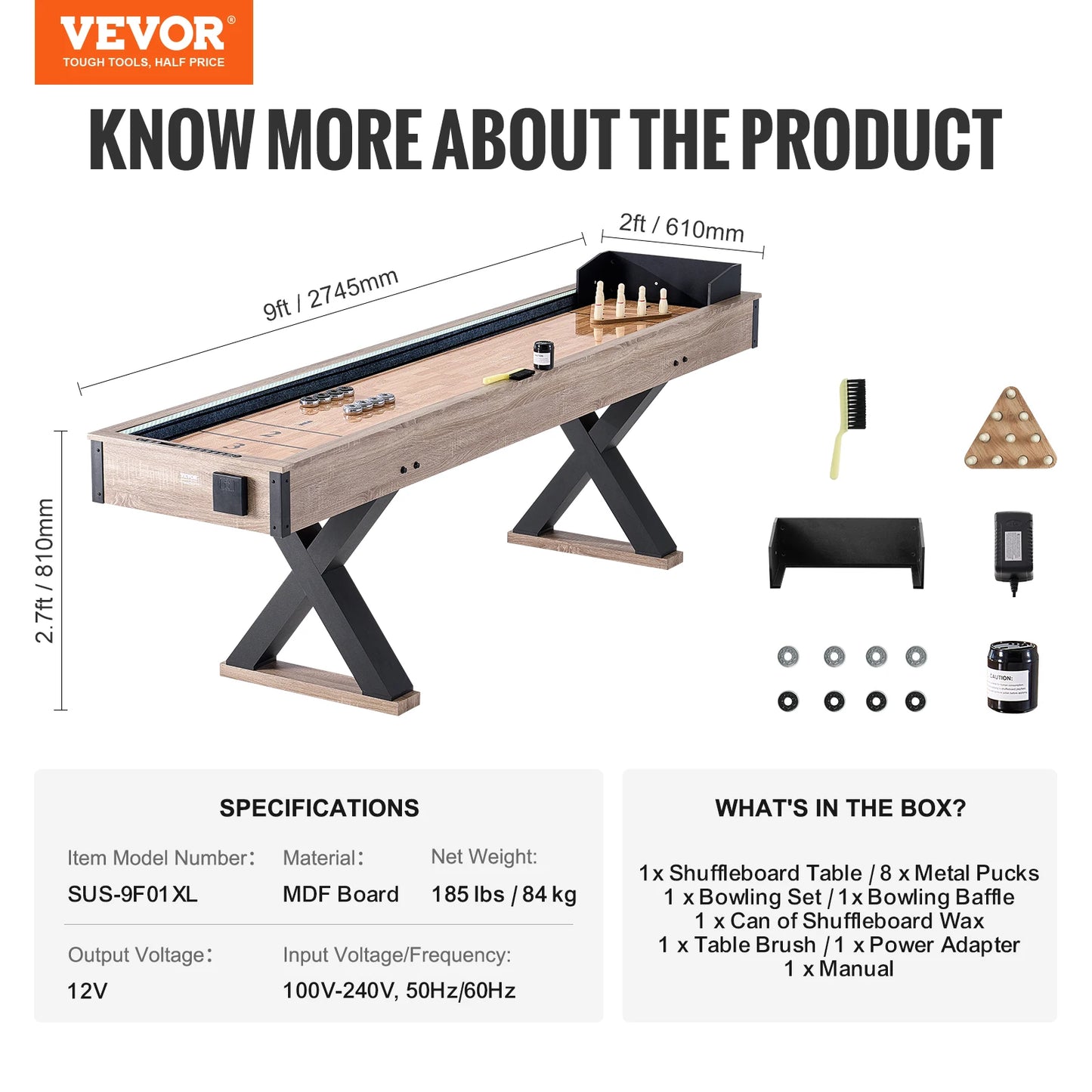 SucceBuy 9 ft LED Light 2-in-1 Shuffleboard and Bowling Combo Game Table