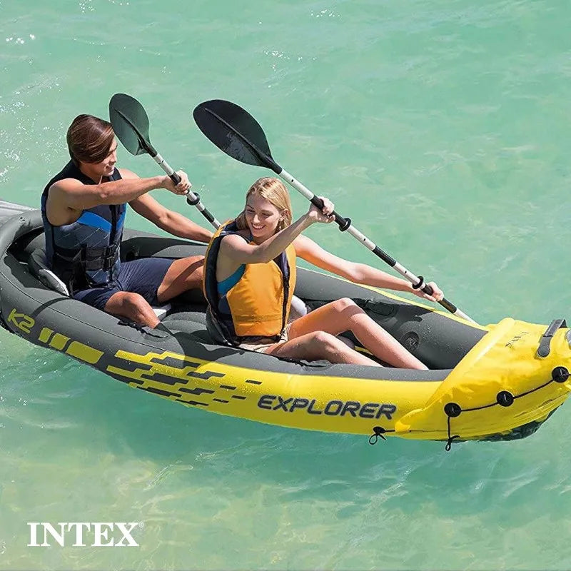 2 Person Intex Explorer K2 Inflatable Kayak Set: Includes Deluxe 86in Aluminum Oars and High-Output Pump