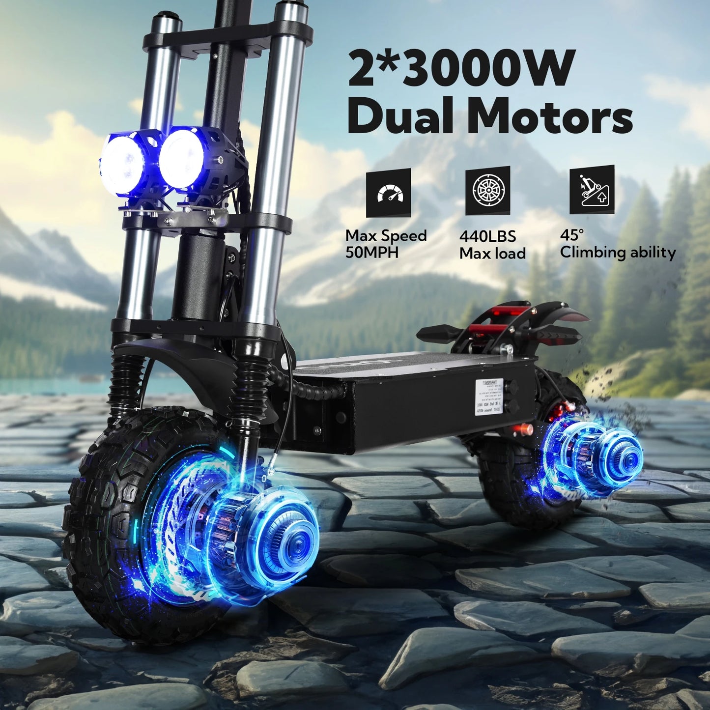 6000W 60V 50AH 11-inch Off-road Folding Electric Scooter with dual motors, removable seat & hydraulic shock absorption