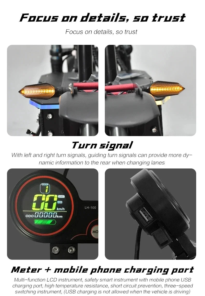 6000W 60V 50AH 11-inch Off-road Folding Electric Scooter with dual motors, removable seat & hydraulic shock absorption