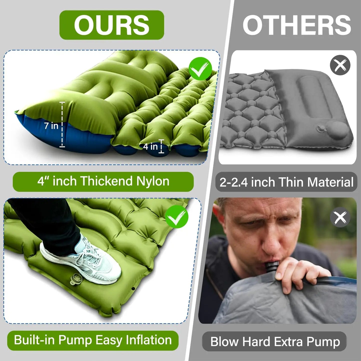 WESTTUNE Double 4" Thick Inflatable Camping Mattress Pad with Pillow & Built-in Foot Pump