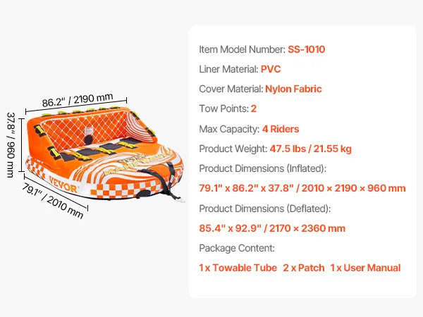 3 or 4 Rider Capacity Inflatable Towable Tube, Holds Up To 680lbs