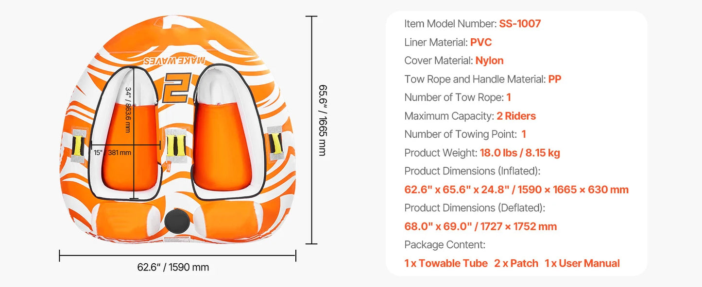 2 Person Inflatable Towable Boat Tube, Holds up to 340lbs with Tow rope