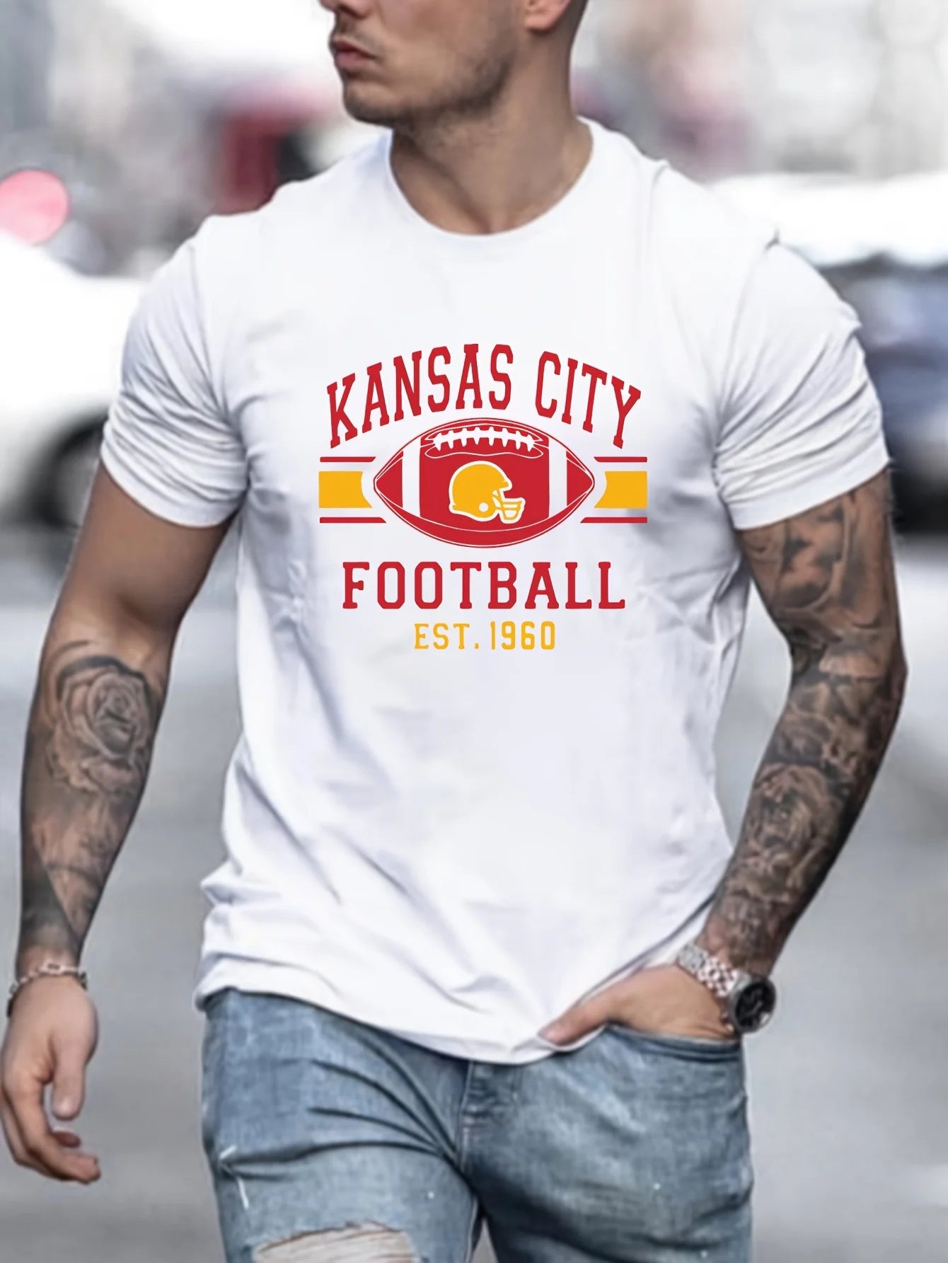 Men's Kansas City Chiefs Football Graphic Crew Neck Cotton Blend T Shirt