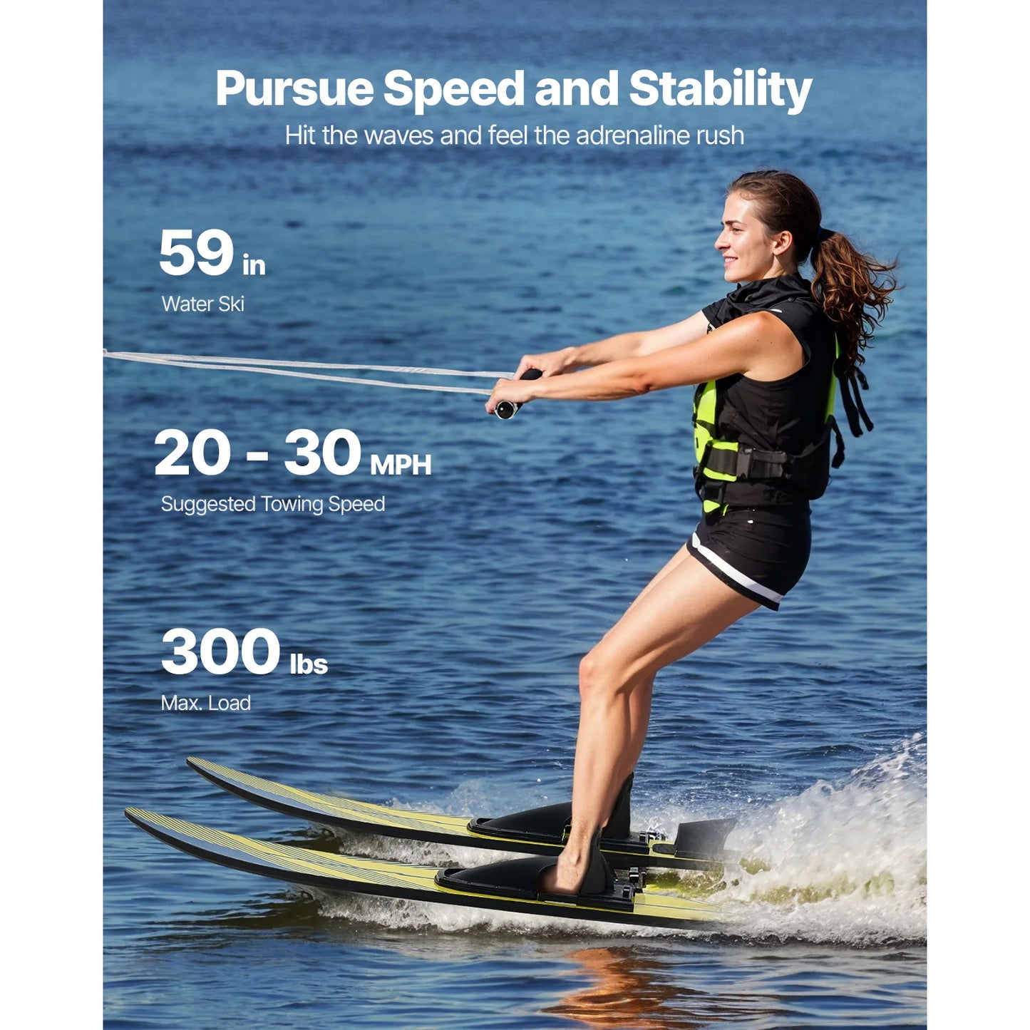 VEVOR High-gloss UV Coated Water Skis with Adjustable Horseshoe Bindings & Padded Rear Toe Plate for Adults