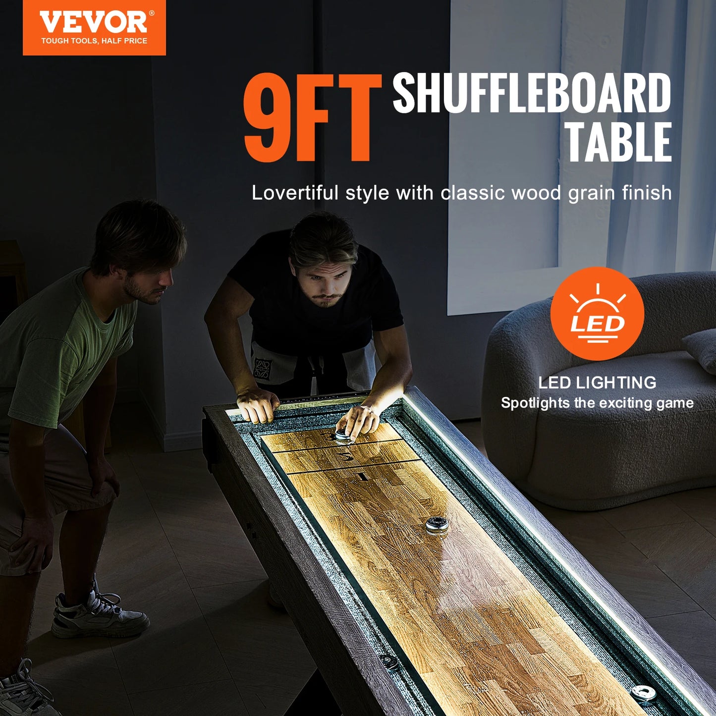 SucceBuy 9 ft LED Light 2-in-1 Shuffleboard and Bowling Combo Game Table