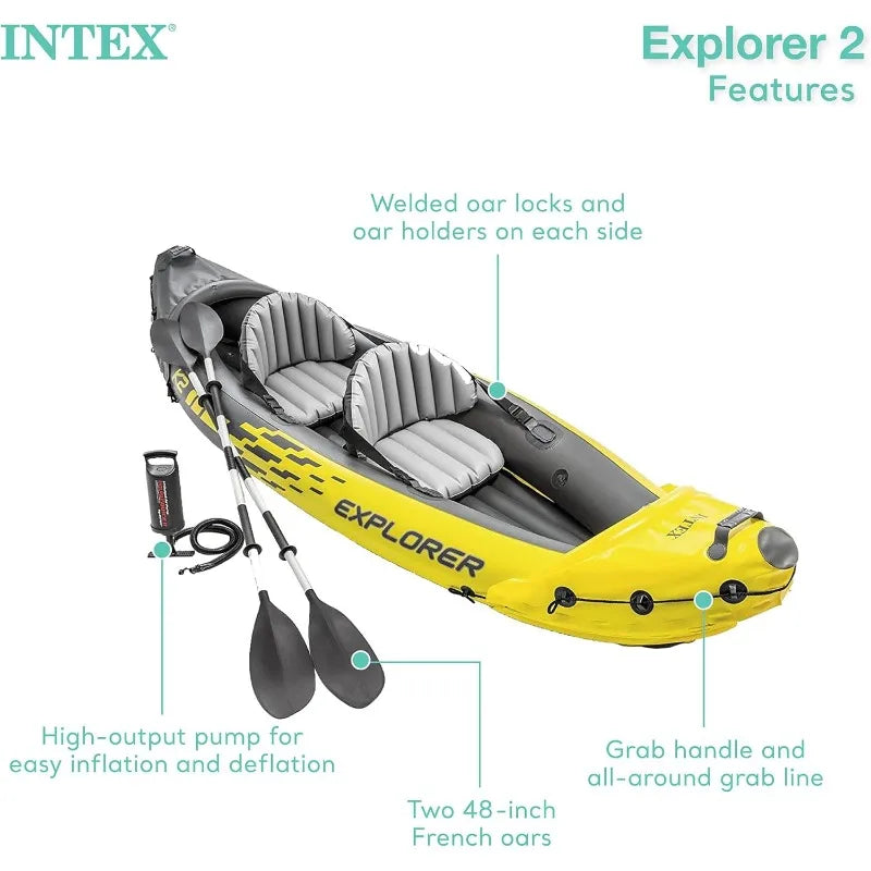 2 Person Intex Explorer K2 Inflatable Kayak Set: Includes Deluxe 86in Aluminum Oars and High-Output Pump