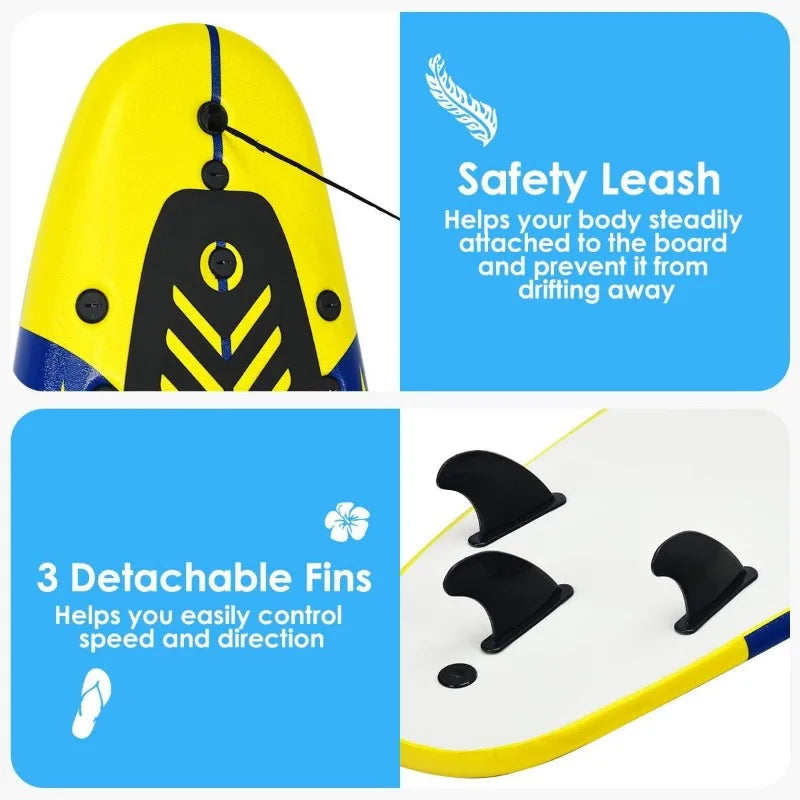 Giantex 6 Ft Foam Surfboard for Kids/Adults with 3 Detachable Fins, Safety Leash