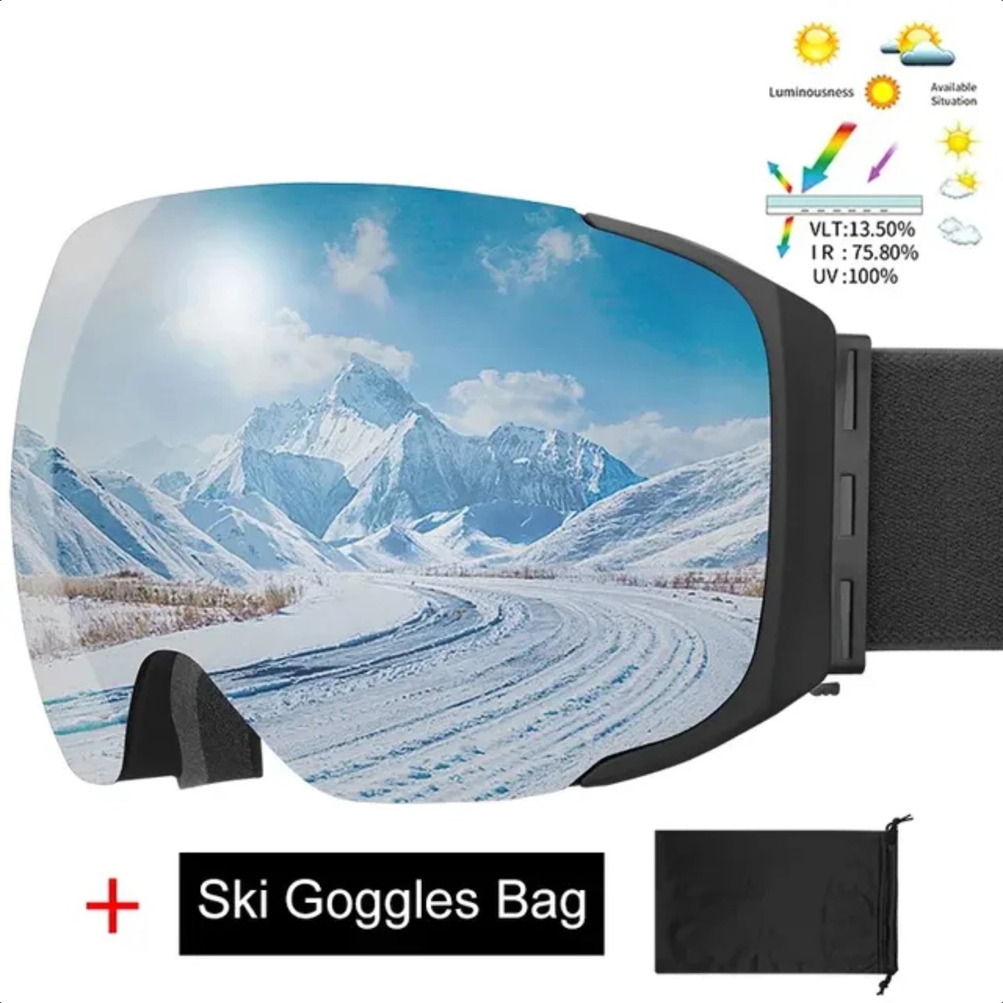Double Layer Anti-Fog Winter Professional Ski/Snowboard Goggles with UV400 Protection & Interchangeable Lens