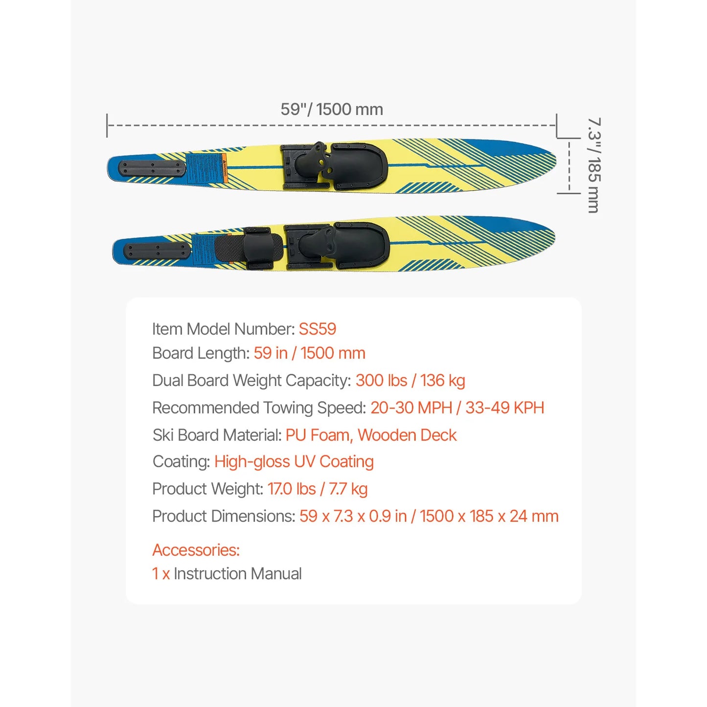 VEVOR High-gloss UV Coated Water Skis with Adjustable Horseshoe Bindings & Padded Rear Toe Plate for Adults