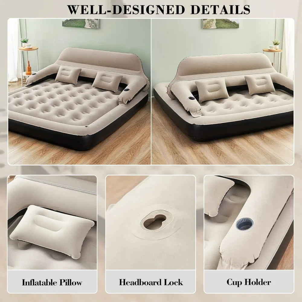 Queen Size Air Mattress Sofa Bed with Headboard and Pillow