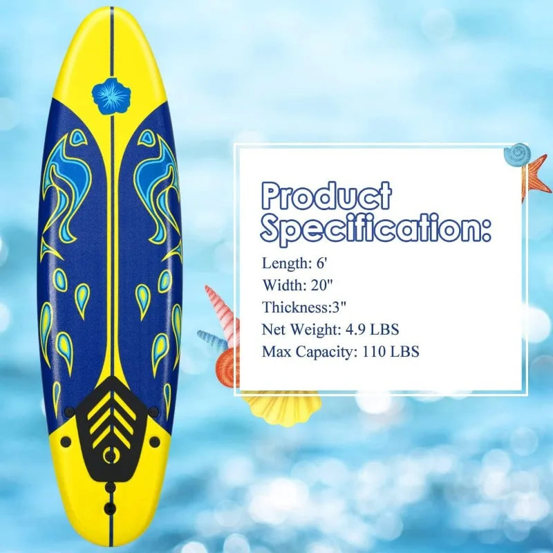 Giantex 6 Ft Foam Surfboard for Kids/Adults with 3 Detachable Fins, Safety Leash