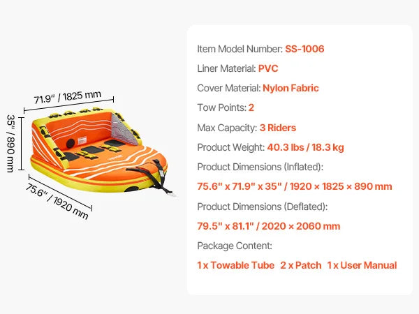 3 or 4 Rider Capacity Inflatable Towable Tube, Holds Up To 680lbs