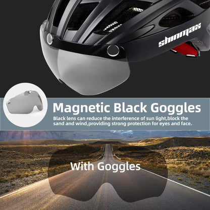 Male and female bicycle helmets with magnetic detachable safety glasses & adjustable LED light