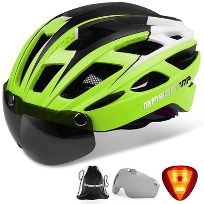 Male and female bicycle helmets with magnetic detachable safety glasses & adjustable LED light