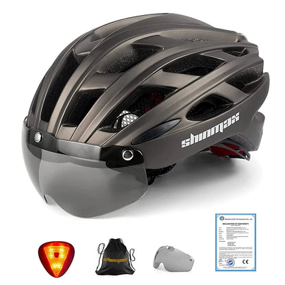 Male and female bicycle helmets with magnetic detachable safety glasses & adjustable LED light