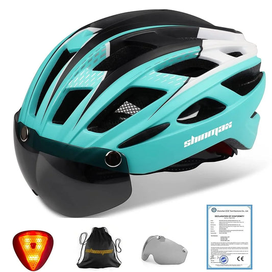 Male and female bicycle helmets with magnetic detachable safety glasses & adjustable LED light