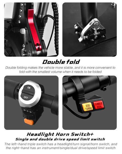 6000W 60V 50AH 11-inch Off-road Folding Electric Scooter with dual motors, removable seat & hydraulic shock absorption