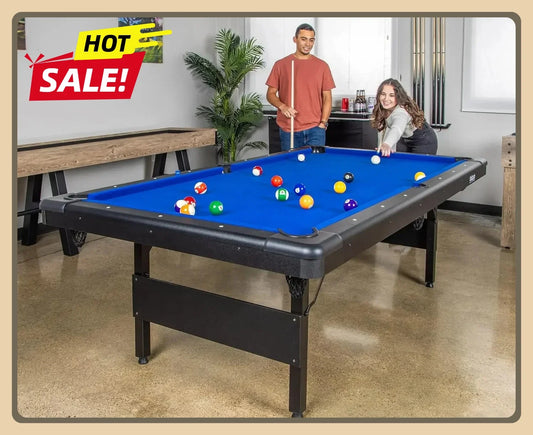 [Hot Sale, Buy Now!]8 ft Billiards Table, Chalk and Felt Brush - Portable Pool Table, 2 Cue Sticks - Includes Full Set of Balls
