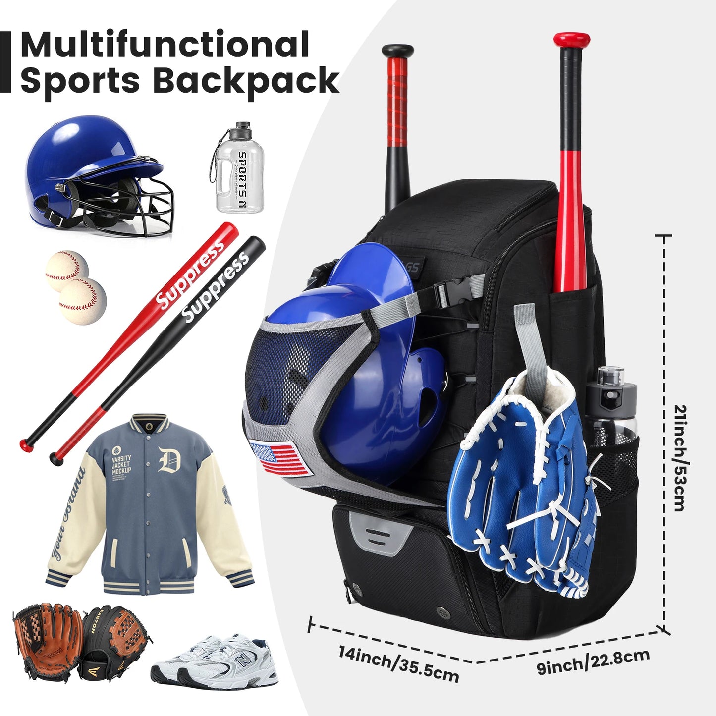 Large Capacity Baseball/Softball Equipment Bag Backpack with Shoe Compartment & Bat Bag for Youth