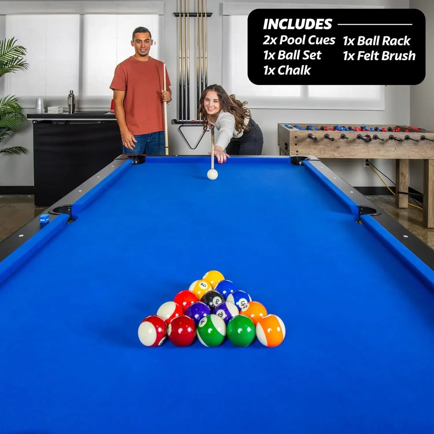 [Hot Sale, Buy Now!]8 ft Billiards Table, Chalk and Felt Brush - Portable Pool Table, 2 Cue Sticks - Includes Full Set of Balls