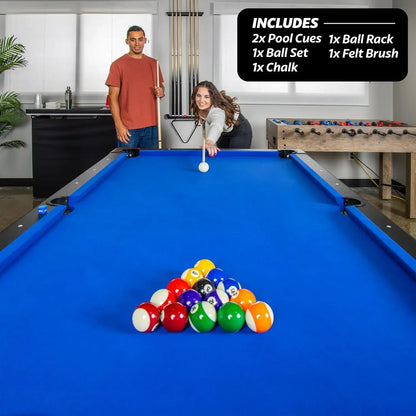 [Hot Sale, Buy Now!]8 ft Billiards Table, Chalk and Felt Brush - Portable Pool Table, 2 Cue Sticks - Includes Full Set of Balls