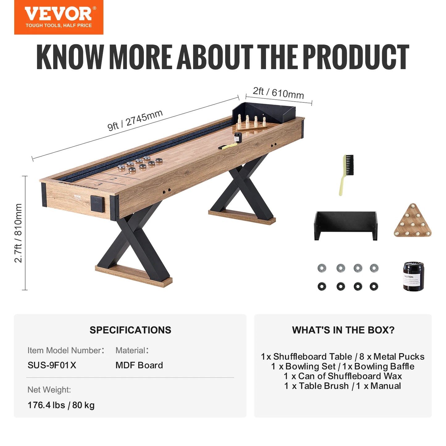 VEVOR 9ft, 2 in 1 Shuffleboard and Bowling Combo Table Game Set