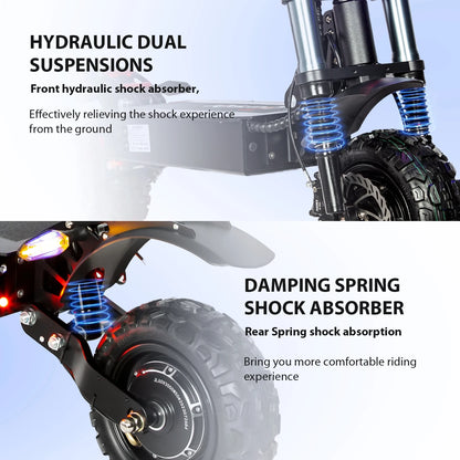 6000W 60V 50AH 11-inch Off-road Folding Electric Scooter with dual motors, removable seat & hydraulic shock absorption