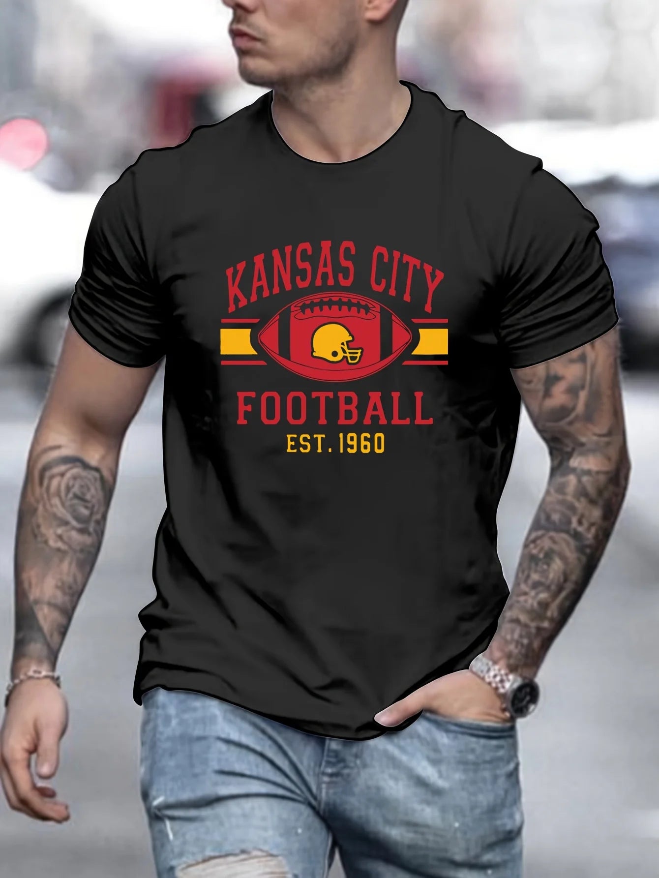 Men's Kansas City Chiefs Football Graphic Crew Neck Cotton Blend T Shirt