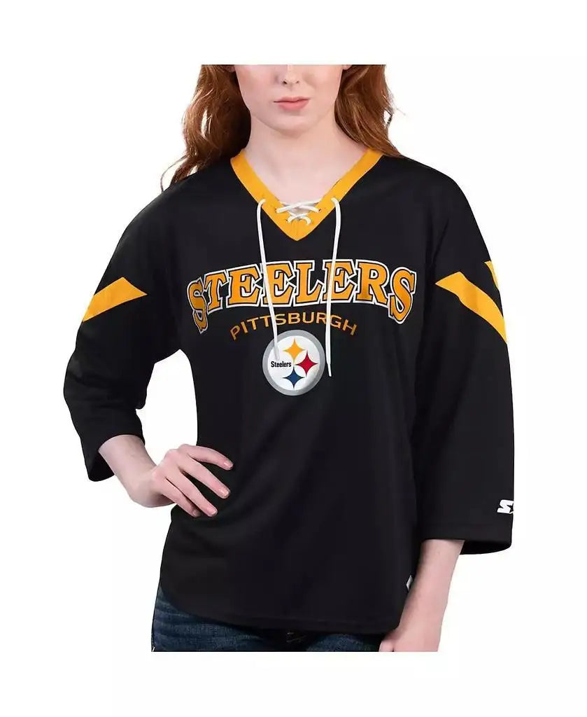 Starter Women's Black Pittsburgh Steelers 3/4 Sleeve T-shirt NFL Rally Lace-Up Top