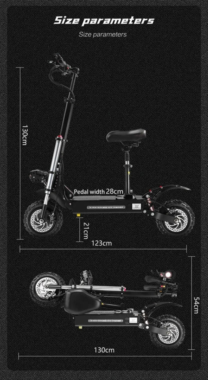 6000W 60V 50AH 11-inch Off-road Folding Electric Scooter with dual motors, removable seat & hydraulic shock absorption